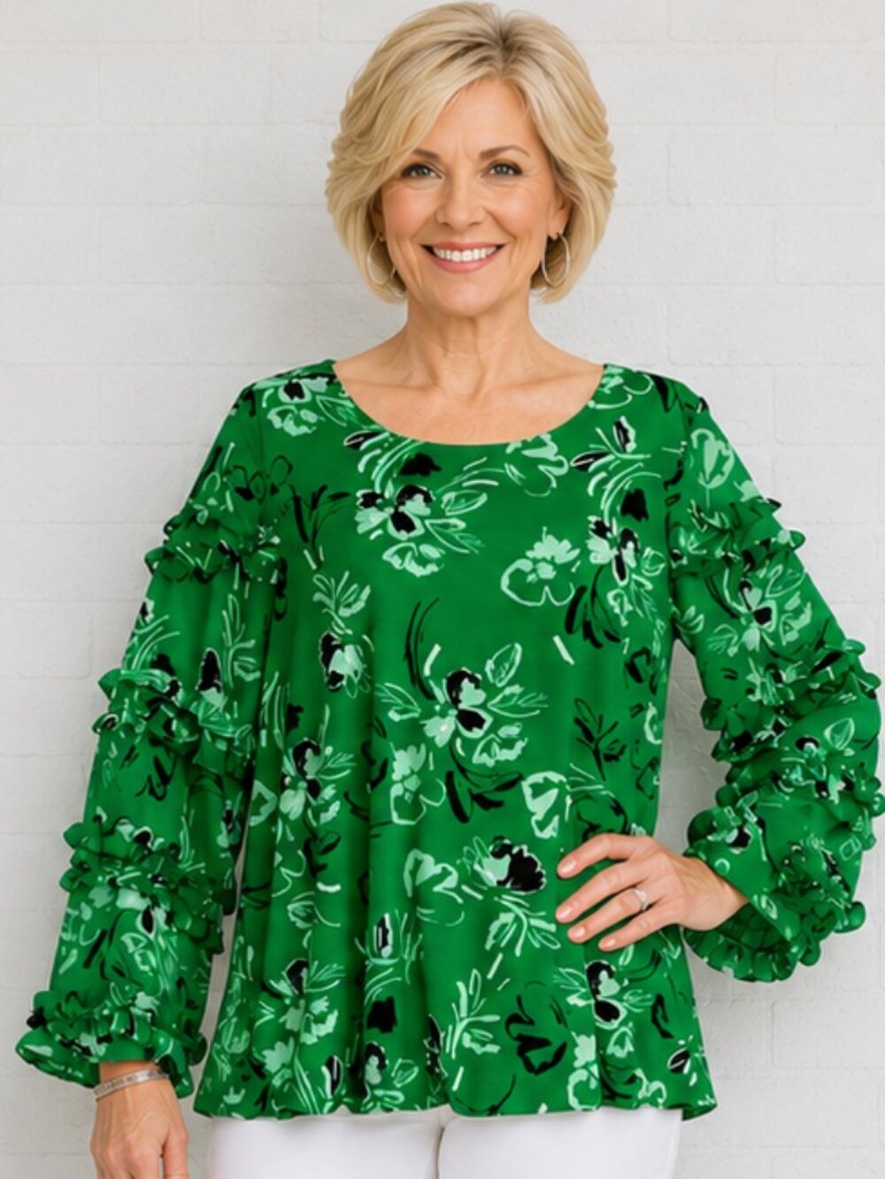 Alfani 1X Green White Flower Garden Ruffle Sleeve Bubble Hem Pullover Top